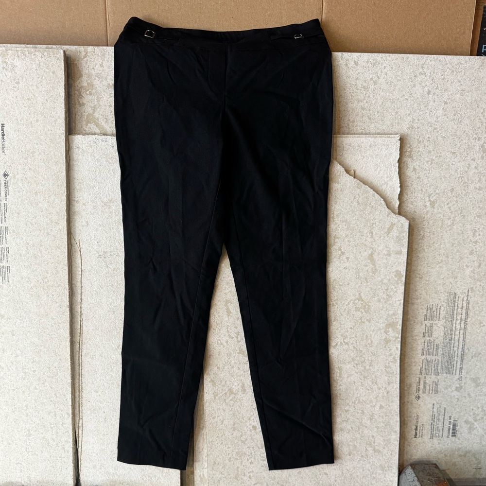 Black pull-on dress pants with hip buckle detail, ankle length, size small